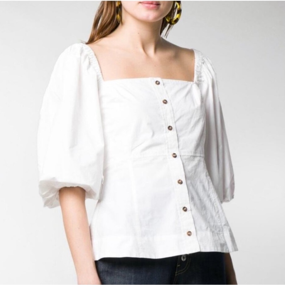 Ganni White Square Neck Puff Sleeve Blouse